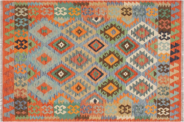 Flat Weave Kilim, Antique, Navaho, Vintage, Handmade, Geometric Kilim Blue Rust Hand-Woven Rectangle 100% Wool Area Rug 4 x 6